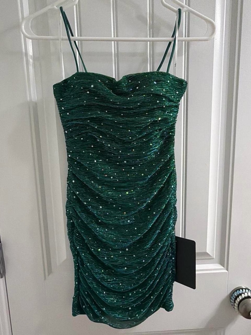 NWT Lulus Emerald Ruched Sequin Spaghetti Strap Mini Dress S Hoco Semi-Formal - Picture 5 of 7